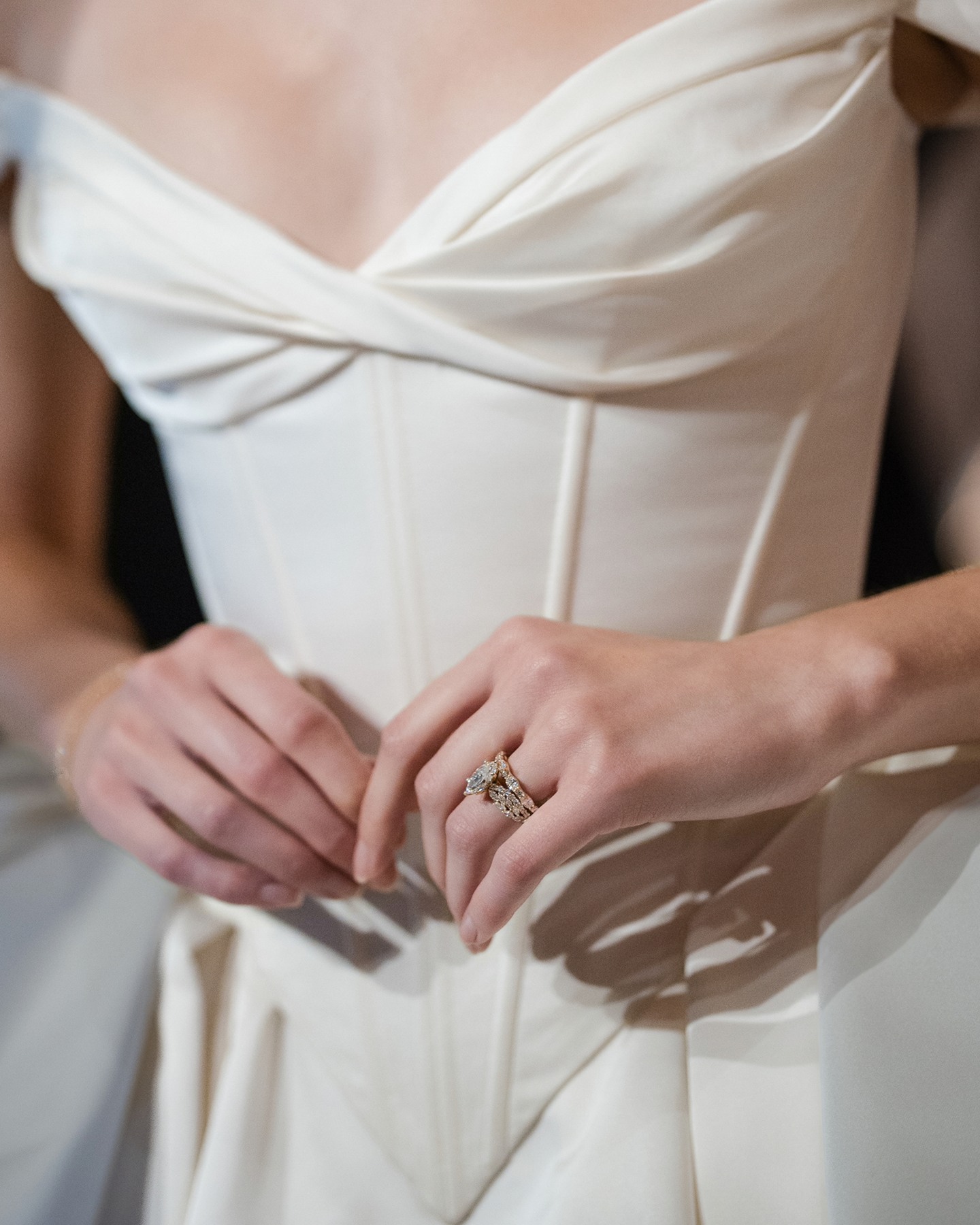 Model bride wearing an engagement ring from Pnina Tornai ONE