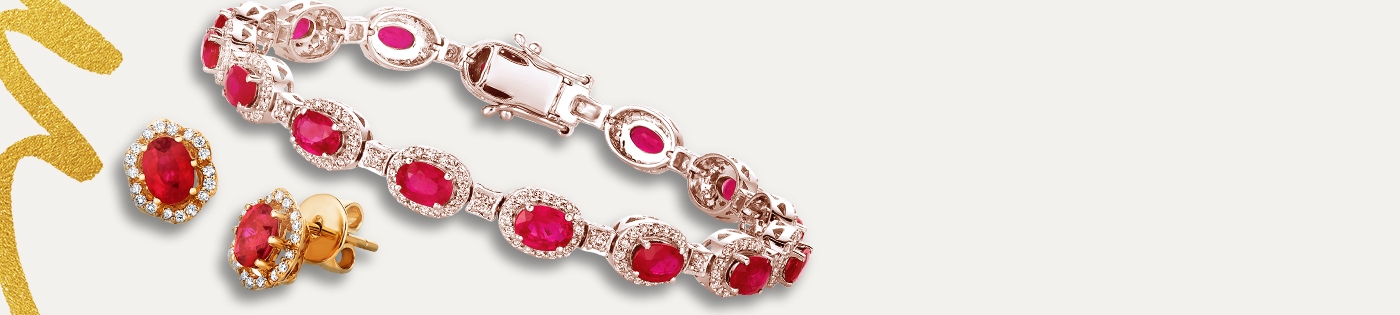 Ruby earrings set and a birthstone of July bracelet with a cream-colored background.