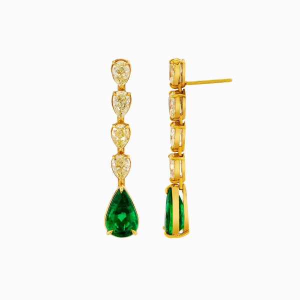 Shy Creation yellow diamond and emerald dangle earrings in 18K yellow gold