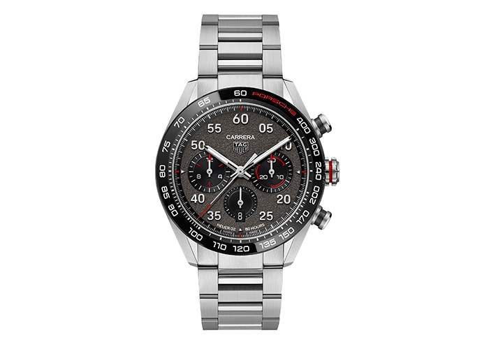 TAG Heuer Porsche Chronograph with gray dial, red markers, and stainless steel bracelet. See list of stores for availability near you.