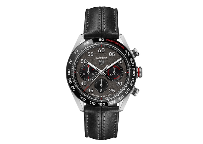 TAG Heuer Porsche Chronograph with gray dial, red markers, and black leather strap. See list of stores for availability near you.