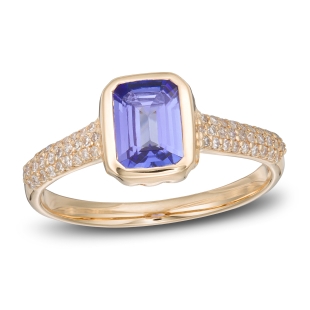 Bezel set tanzanite ring with pave band set in rose gold.