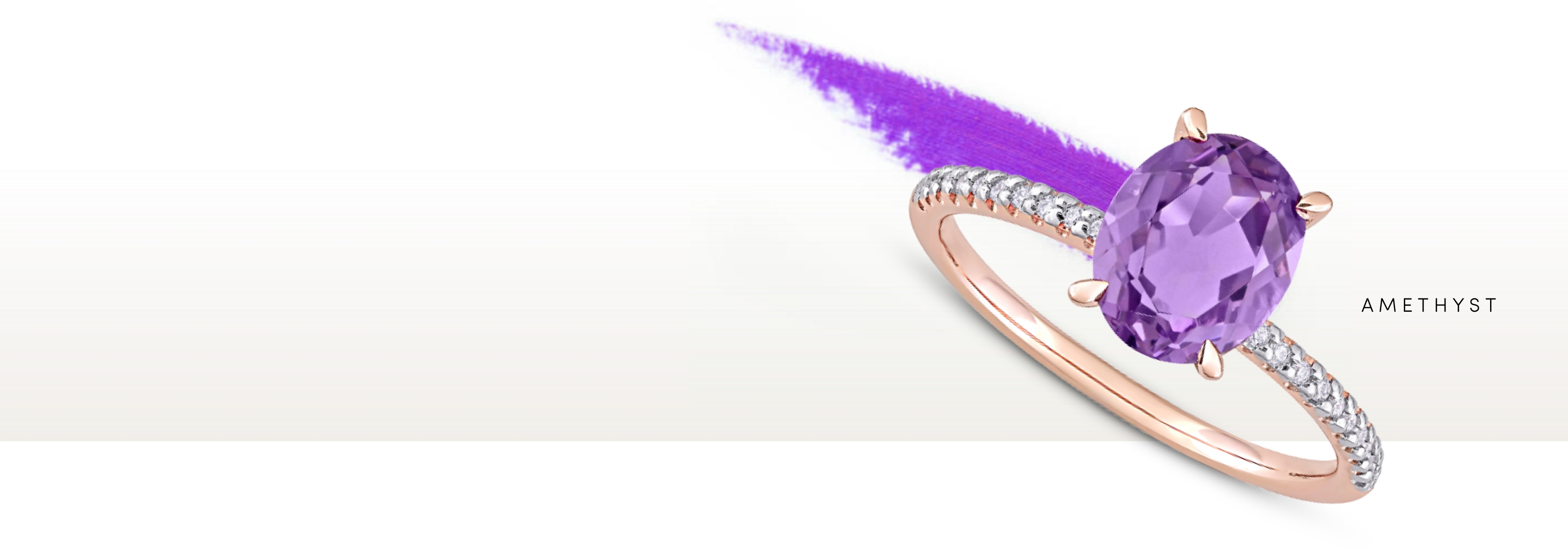 An amethyst ring with a diamond band on a white and purple background next to the word “Amethyst”.