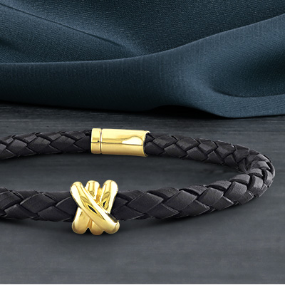 Y Knot men's black woven bracelet with yellow gold accents
