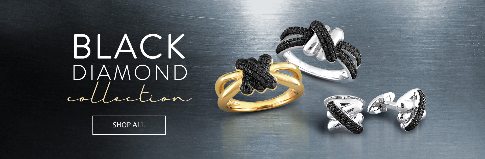 Two black diamond rings and a pair of black diamond cufflinks from the Y Knot Collection