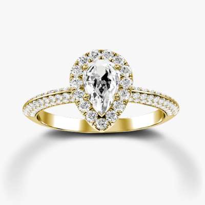 Pear engagement ring with pave mounting in yellow gold