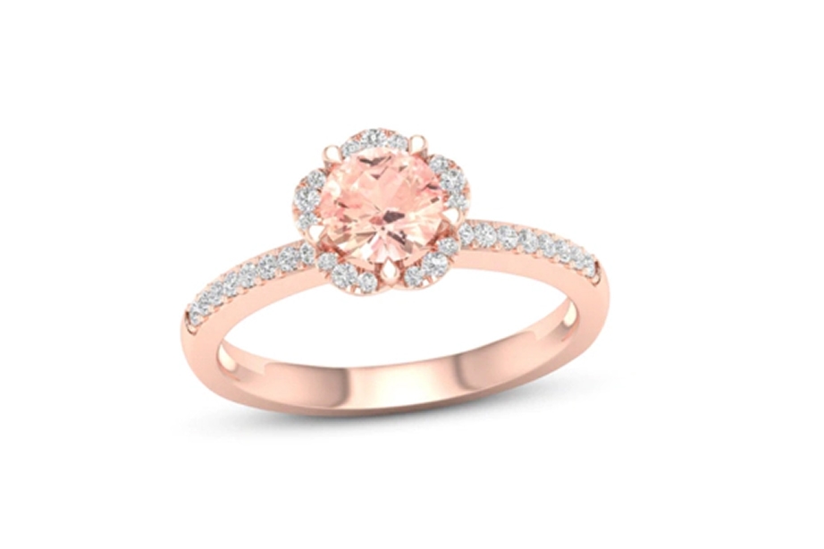 Rose gold morganite ring with diamond halo