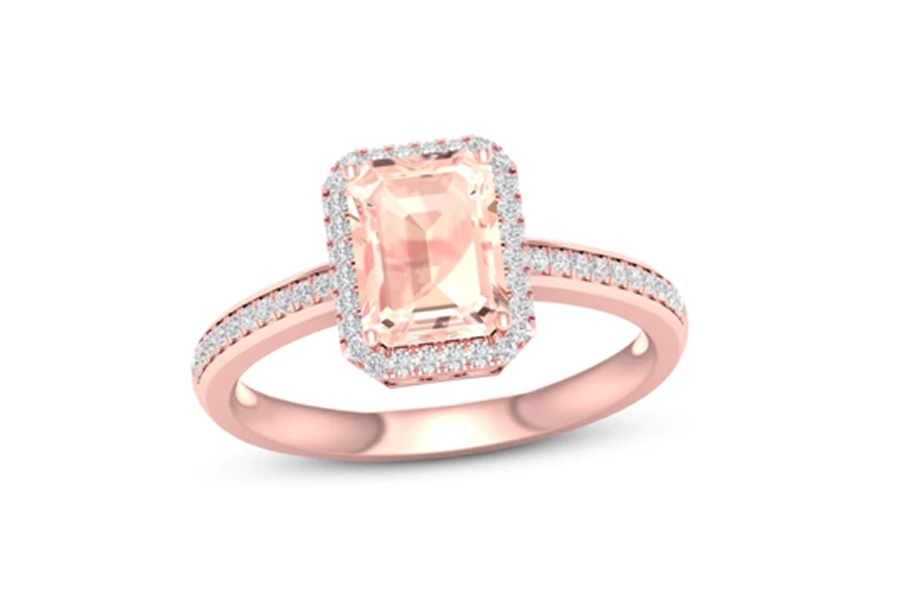 Emerald cut morganite with diamonds and rose gold setting