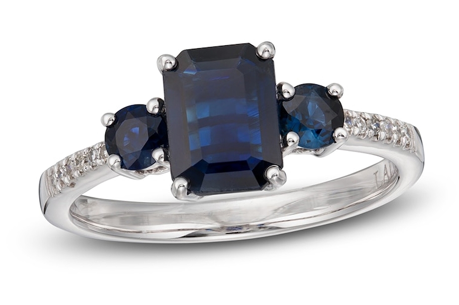 Three stone white gold platinum sapphire engagement ring