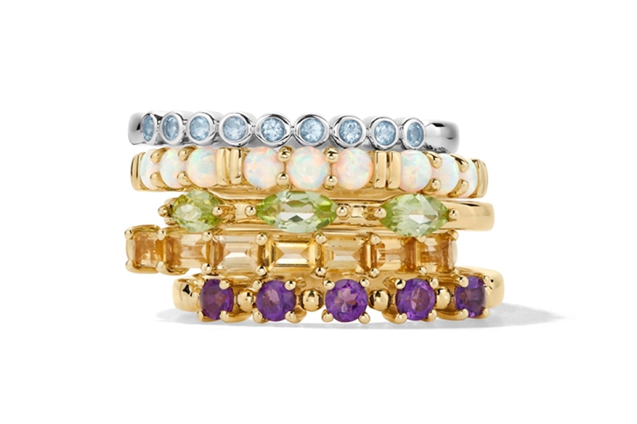 Stacked gold precious gemstone rings