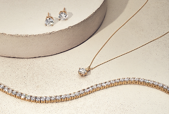 lab-created diamond solitaire earrings, pendant and tennis bracelet