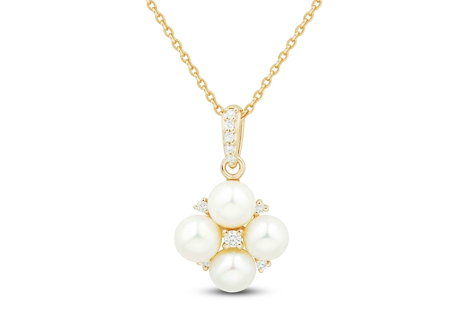 Yellow gold diamond pearl pendant necklace