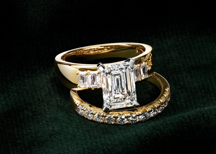 Yellow gold engagement ring and wedding band