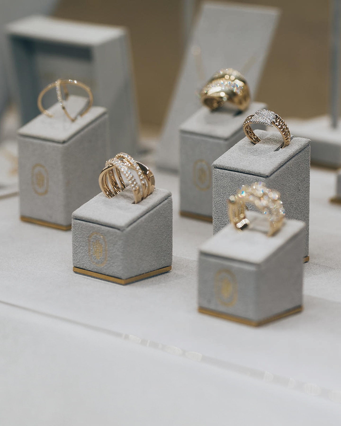 diamond rings in a display case