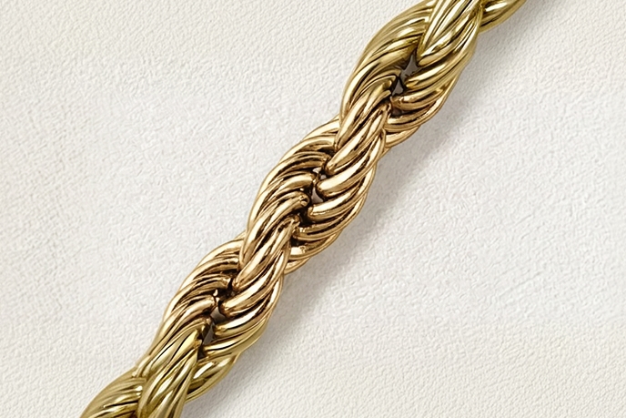 A gold rope necklace.