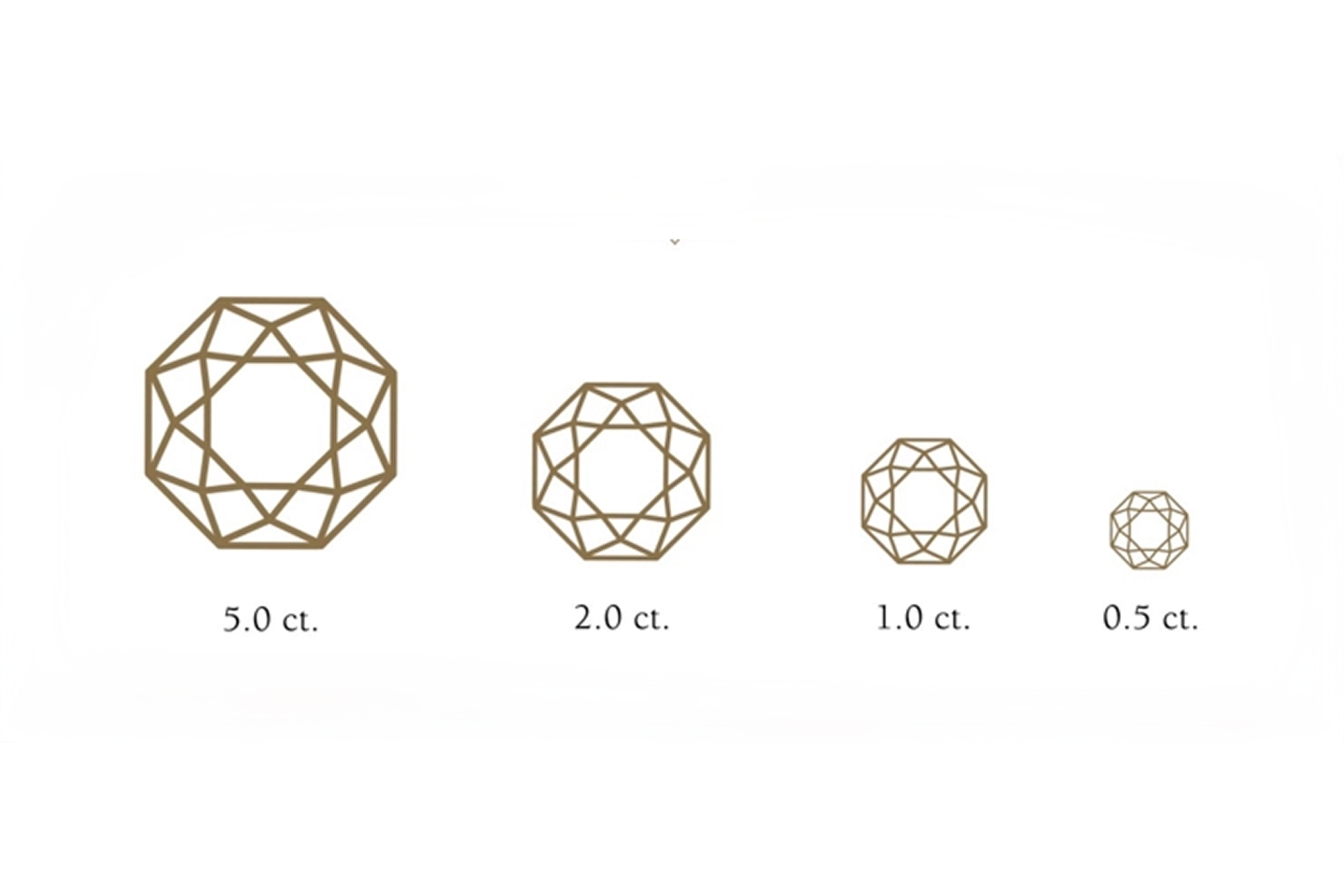 Diamond carat chart showing what 5 carat looks like versus 1/2 carat.