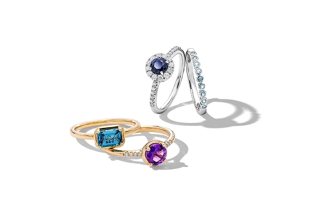 Blue and purple gemstone rings in white gold