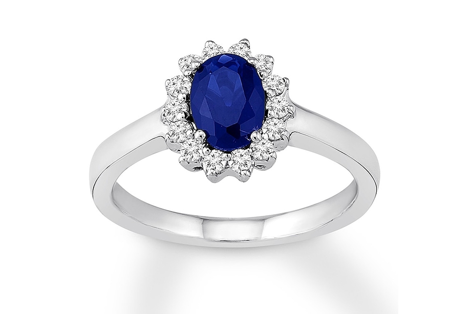 Sapphire and diamond halo engagement ring