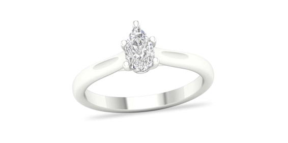 White gold engagement ring with pear-shaped center diamond and prong setting.