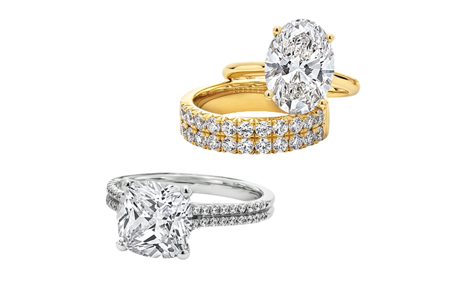 lab-grown diamond rings in yellow and white gold