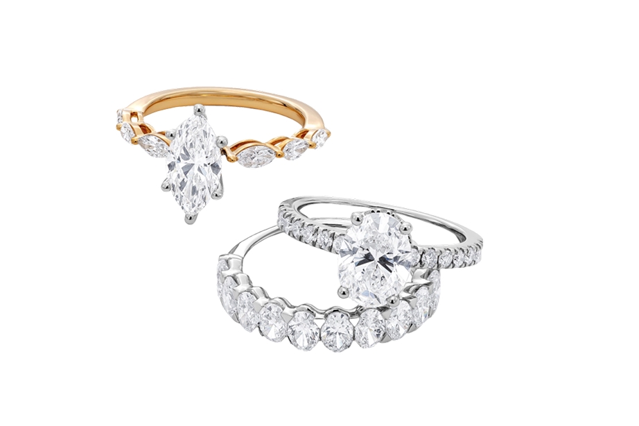 Yellow and white gold engagement rings with a white gold diamond wedding ring