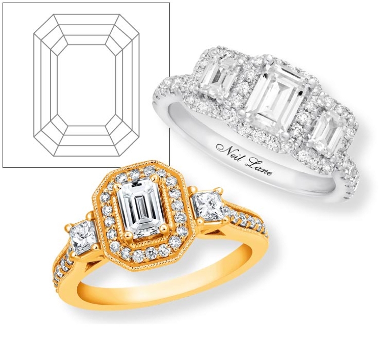 Yellow gold and white gold engagement rings with emerald cut center diamonds on a white background.