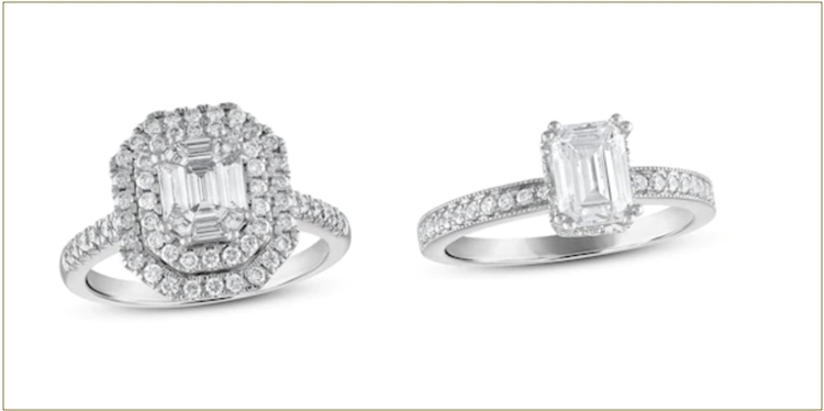 Two white gold engagement rings with emerald cut diamond center stones side by side on a white background.