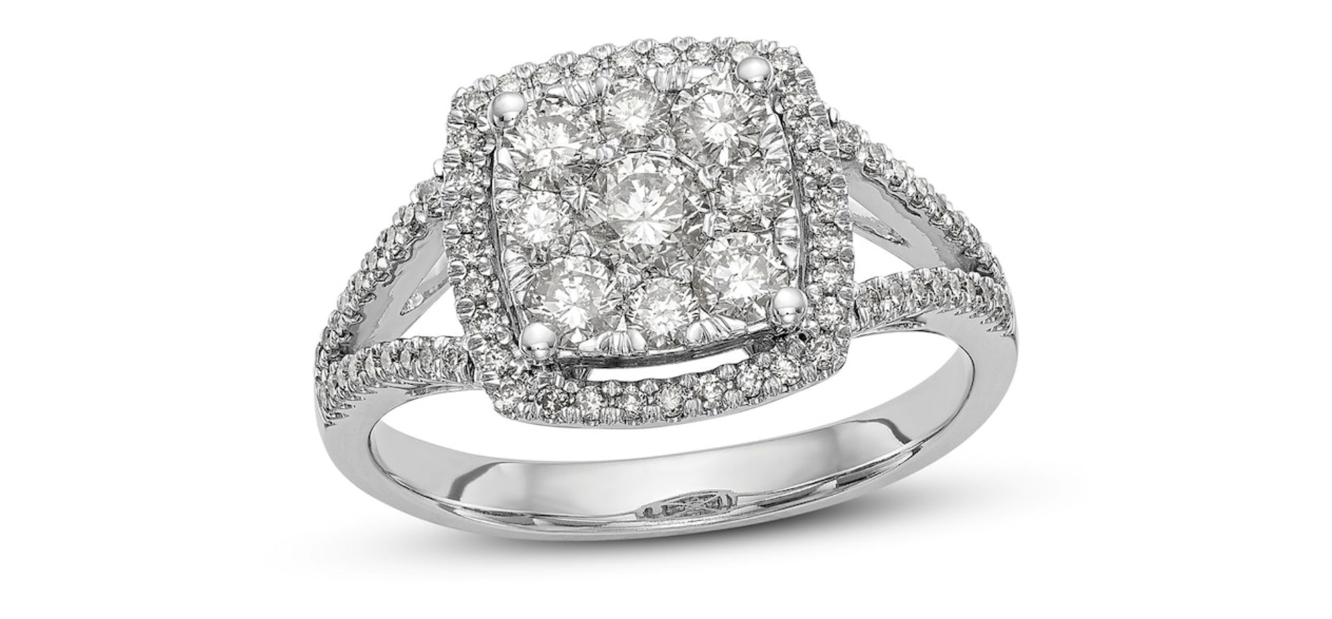 close-up of diamond ring set in white gold