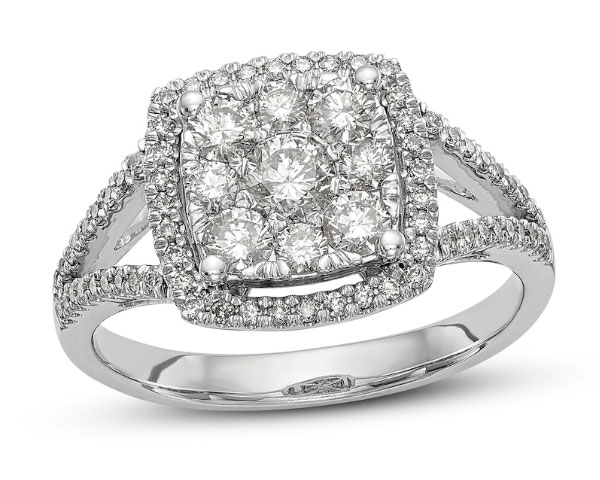 close-up of diamond ring set in white gold