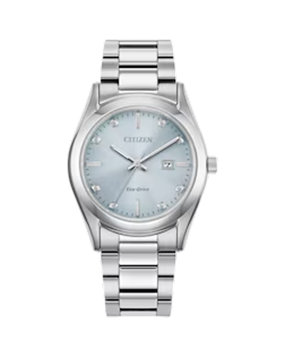 Image of silver and blue tones women's watch.