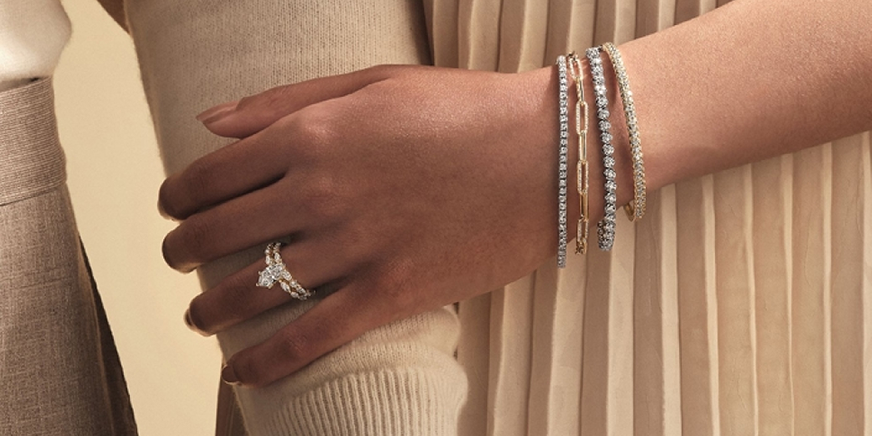 Woman wearing multiple wedding and anniversary bands
