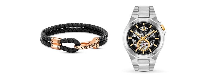 Mens John Hardy leather bracelet with rose gold and mens Bulova watch with metal bracelet strap and open face