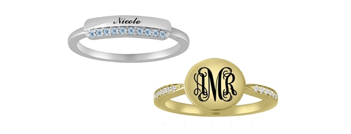 Sterling silver personalized ring with aquamarine stones and a yellow gold signet rings with white topaz stones and a monogram