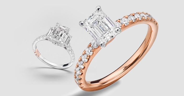 Style Spotlight: Emerald Cut Diamond Rings. Image of emerald cut diamond rings.