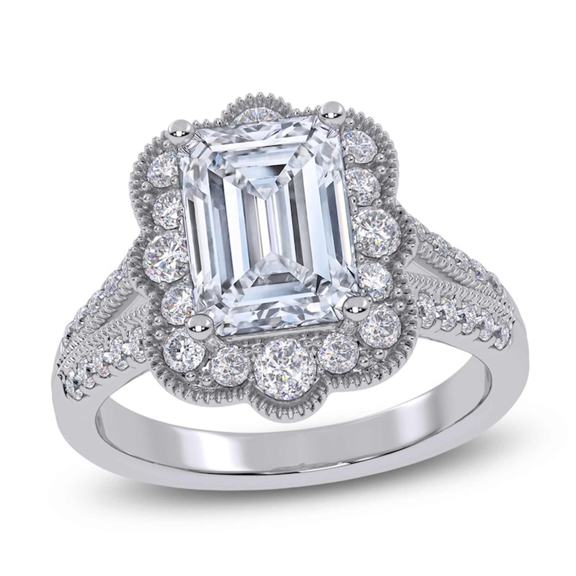 White engagement ring with emerald-cut center diamond and scalloped diamond halo