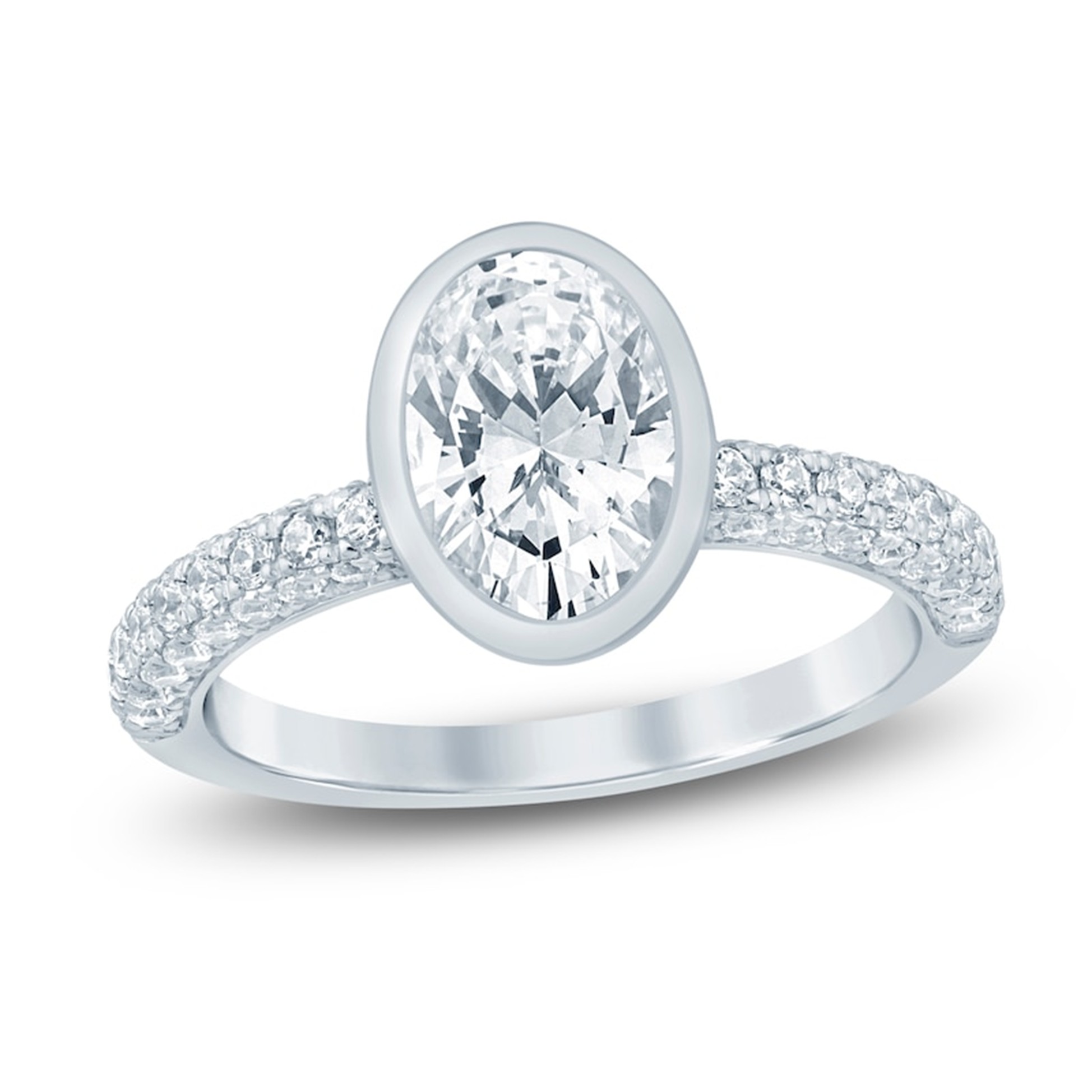 White gold engagement ring with large oval center stone and smaller round side diamonds on each side