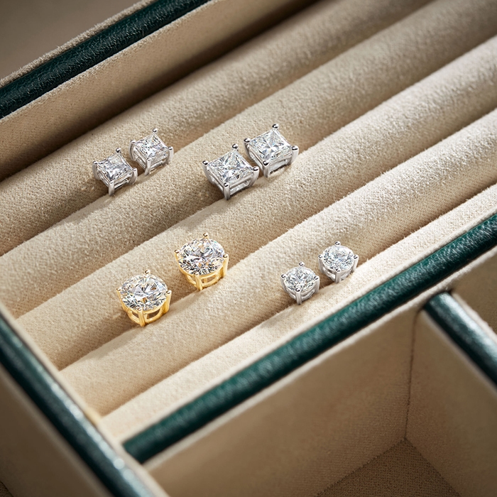 Solitaire earrings in a jewelry box