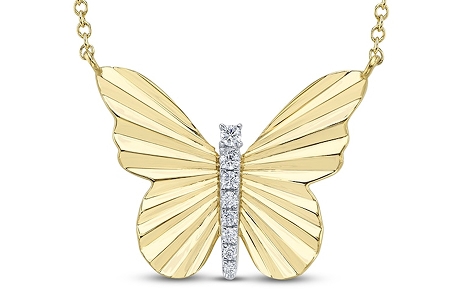 Image of unique diamond butterfly necklace with 14K yellow gold.