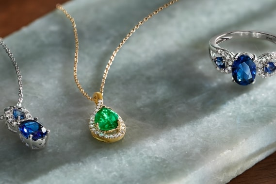 Classic precious gemstones, including blue sapphire, emerald and ruby