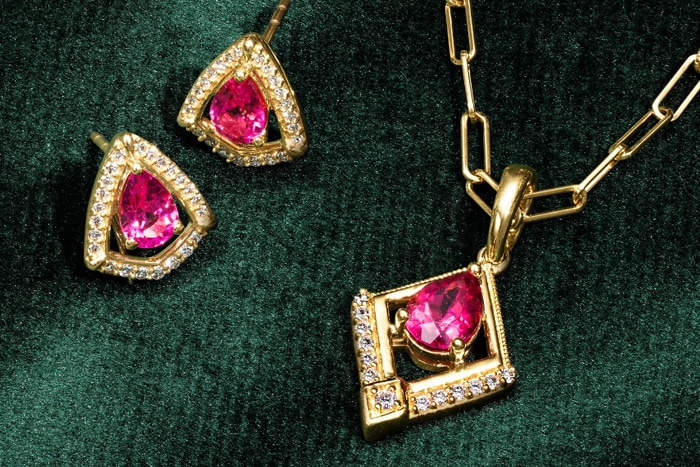 Pink tourmaline necklace and matching earrings from Jared set in yellow gold