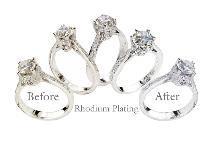 Before and after images of a ring being rhodium plated