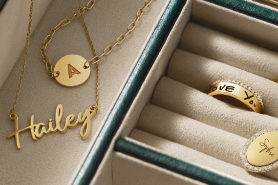 Image of personalized jewelry pieces in a jewelry box, featuring rings and necklaces.
